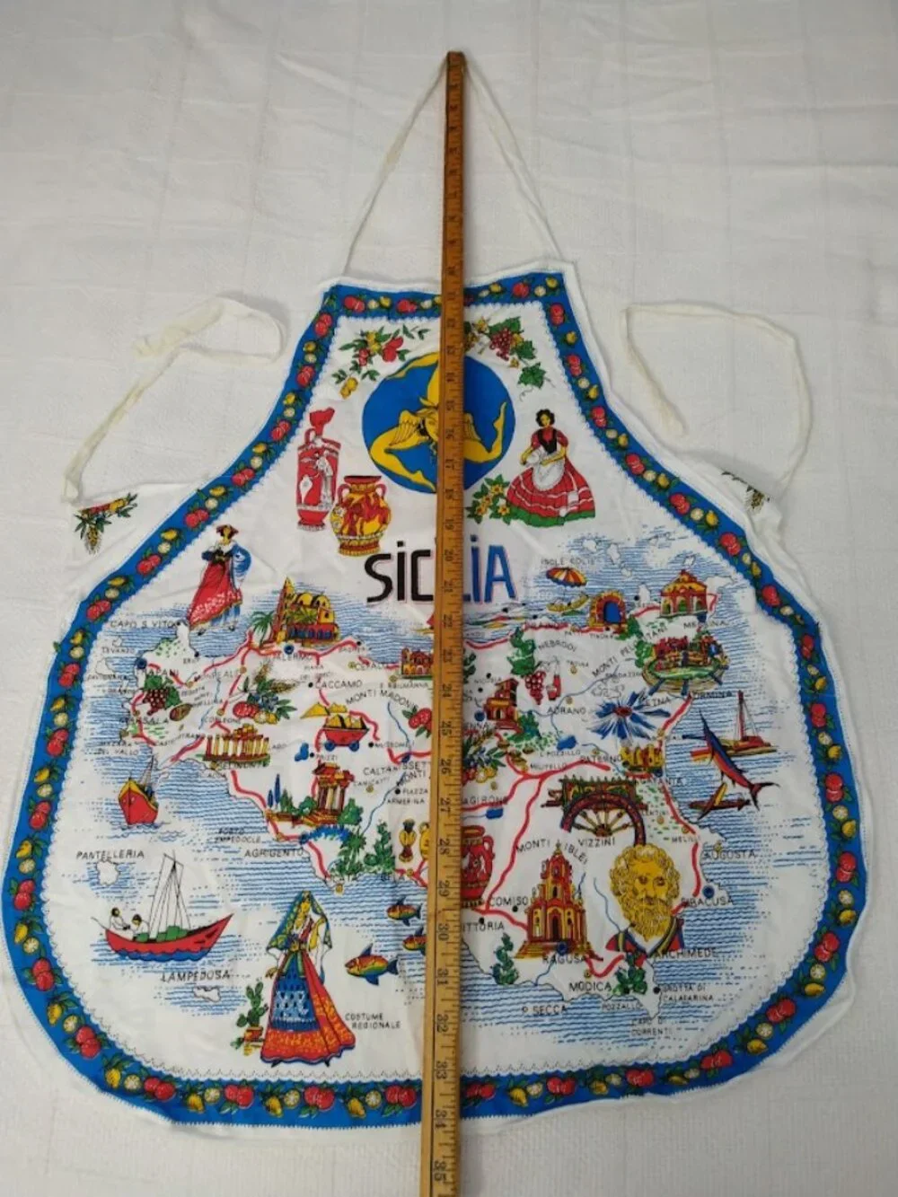Vintage Kitchen Souvenir Apron Sicily Italian Map Folk Art Colorful Cotton